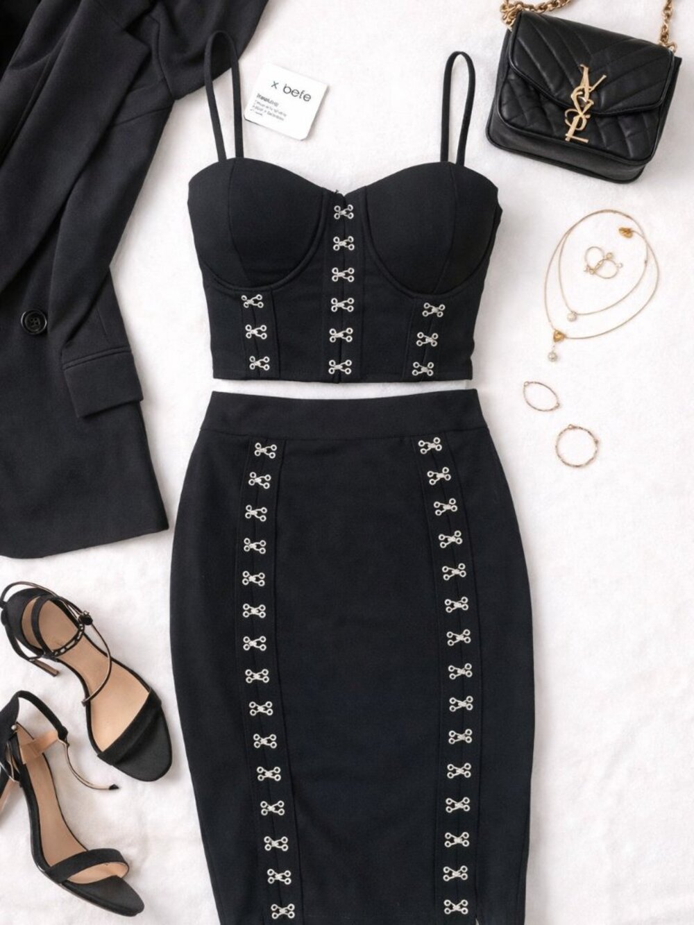 NWT bebe Black Corset Top Skirt Set Hook Eye Bodycon XS 0 Y2K